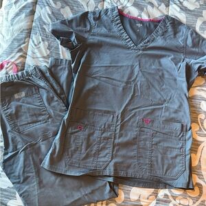 Med Couture Gray Scrub Set with Pink Trim Accents